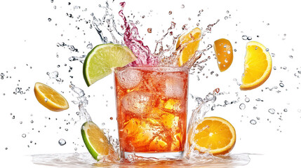 A glass of iced, fruit-infused beverage with splashing juice and fruit slices, against a vibrant, abstract background.