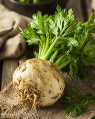 Fresh celery root with leaves on rustic wooden surface