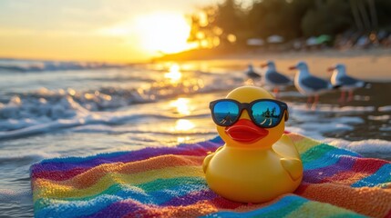 A cheerful rubber duck in sunglasses enjoys a sunset at the beach, surrounded by waves and seagulls. Fun and relaxing vibes.
