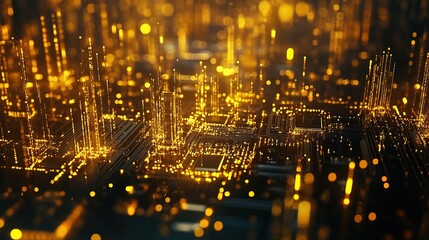 Obraz premium A close-up of a quantum computer chip with golden circuits, showing future technology and high-tech innovation.