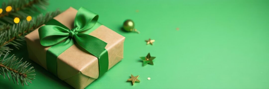 Brown paper-wrapped gift box, green accents, Happy New Year , ribbon, simple