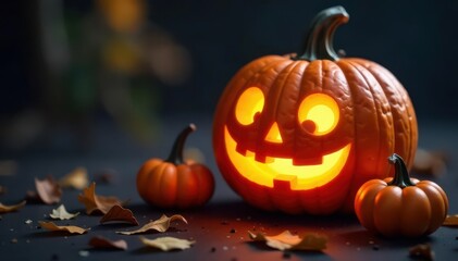 Fototapeta premium Carved pumpkin face, glowing embers, small gourds Trick or treat!, harvest, autumn