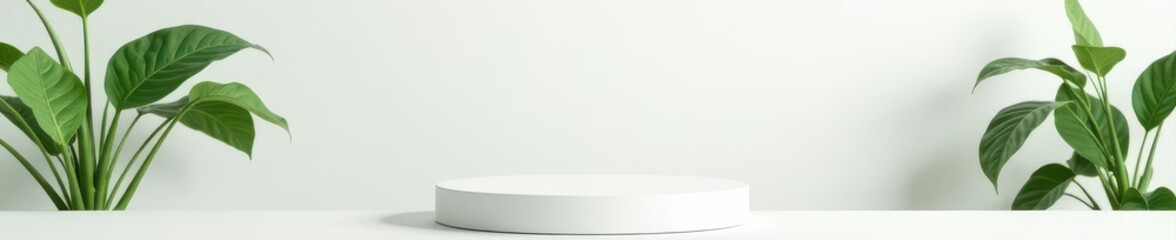 Clean white backdrop, minimalist plant setting, empty product pedestal , space, sustainable, marketing