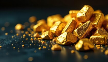 Close-up glittering gold nuggets on dark surface, texture, gold
