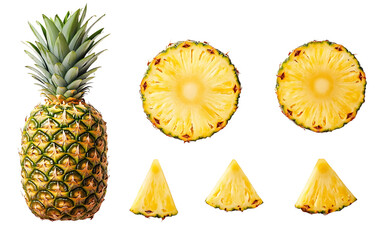 Pineapple isolated. Pineapple set on white background. Whole pineapple, round slice and triangle piece collection.