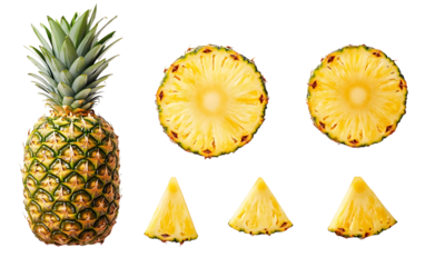 Pineapple isolated. Pineapple set on white background. Whole pineapple, round slice and triangle piece collection.