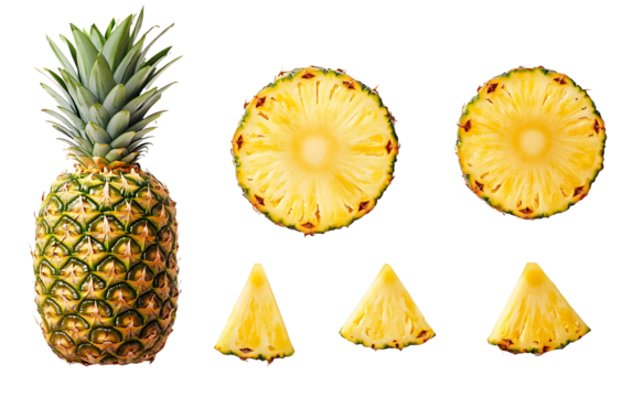Pineapple isolated. Pineapple set on white background. Whole pineapple, round slice and triangle piece collection.