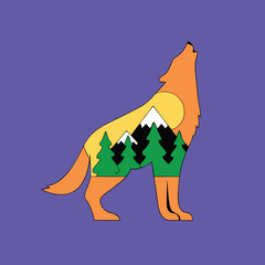 Mystical wolf silhouette designs in nature scenes with spiritual, emotional and tribal elements vector illustration