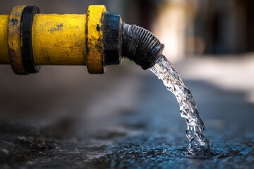 Water Flowing from Yellow Pipe, Industrial Fluid Dynamics, Close-Up View Shows Liquid Dynamics,  Clean Water Source,  Efficient Irrigation System