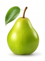 Detailed shot of a ripe green pear with leaf centered against a white background in bright lighting