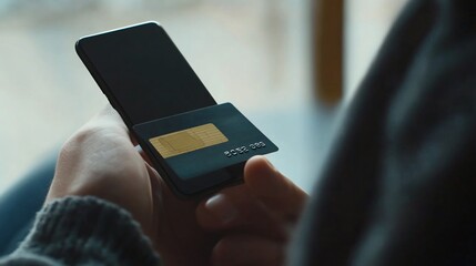 Close-up of person using smartphone with card attached for digital payment