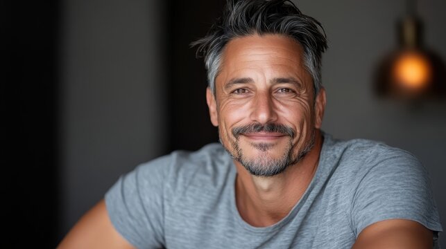 A charming man sports a casual gray t-shirt and radiates warmth and friendliness with his captivating smile, perfect for lifestyle or personal branding imagery.