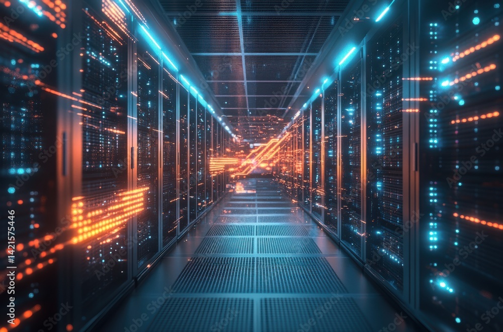 Poster a futuristic data center filled with rows of high-tech servers