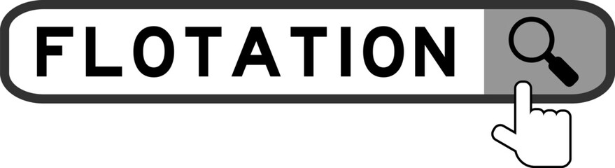 Search banner in word floatation with hand over magnifier icon on white background