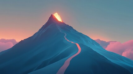 Minimalist mountain with glowing peak and winding path at sunset, a serene digital landscape