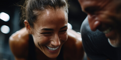 Personal trainer motivates client during intense workout session at gym