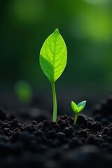 Vibrant green sprout emerges from dark soil, lone withered leaf nearby , growth, rich soil