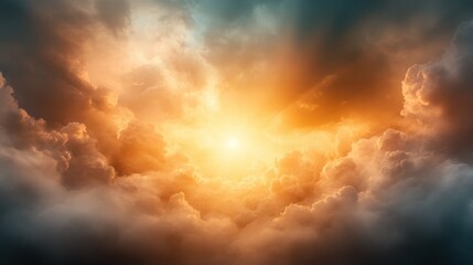 Fototapeta premium A gentle, soft glow of sunlight peeking through beautiful fluffy clouds, creating a serene and peaceful atmosphere that evokes tranquility and wonder in nature's embrace.