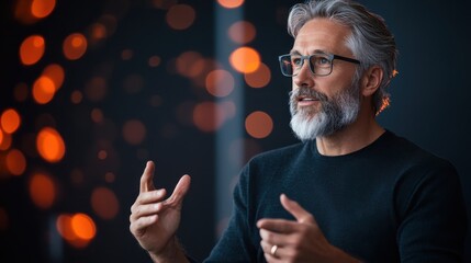 A thoughtful man with gray hair and glasses is animatedly speaking, gesturing with his hands, in a creative environment surrounded by soft bokeh lighting effects.