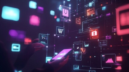 Futuristic digital interface displaying online shopping and data analysis