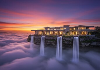 Spectacular cliffside residence with integrated waterfalls overlooking a sea of clouds