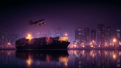 Global Cargo Ship and Airplane Transport at Night, City Skyline, International Trade, Logistics, Container Shipping, Aerial View, Urban Scenery