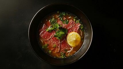 Exquisite Beef Pho Bowl, A Culinary Delight with Fresh Herbs and Zesty Lemon Garnish