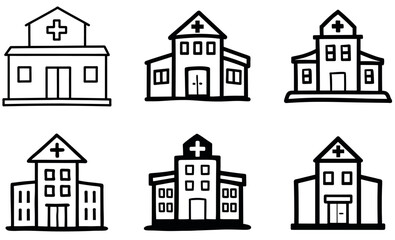 Hand Drawn Hospital Building Icons Set – Medical Clinic Outline Vector Collection