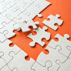 Fototapeta premium Illustration of many white puzzle pieces on an orange background, some not yet in place| jigsaw puzzle piece