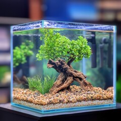 Elegant bonsai tree artfully arranged inside a clear glass container showcasing timeless beauty