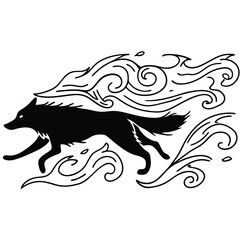 Mystical wolf silhouette designs in nature scenes with spiritual, emotional and tribal elements vector illustration