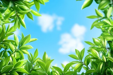 Obraz premium 青空と雲が広がる中、新緑の葉が風に揺れている静かな時を過ごす。