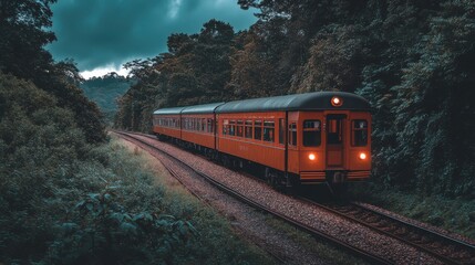 Obraz premium Vintage Train Traveling Through Lush Green Forest Landscape