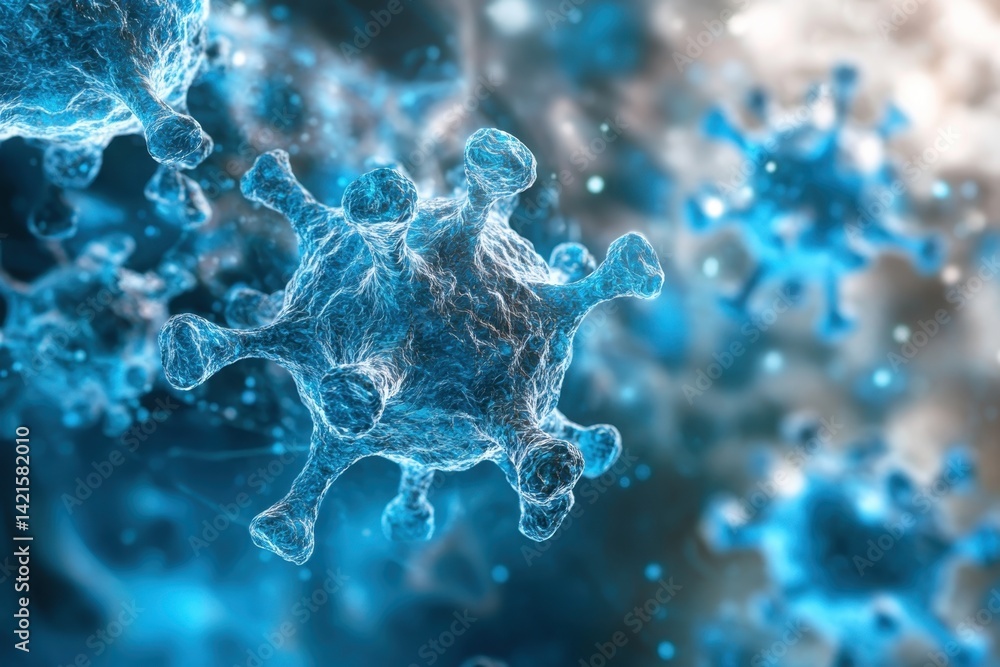 Poster detailed microscopic view of blue-colored virus structures in a laboratory setting