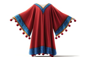 Naklejka premium Red tunic with blue trims and tassels. Design element. Fashion, apparel, sewing, or cultural content