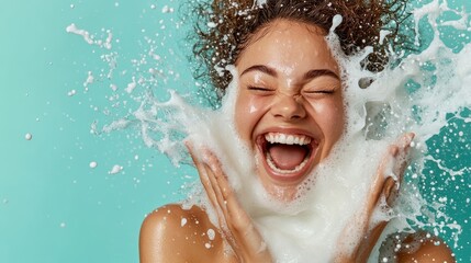 A vibrant capture of a joyful woman embracing bubbles and foam, showcasing her excitement and playful spirit against a turquoise background, radiating happiness.