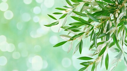 Obraz premium Green Olive Branch with White Blossoms and Bokeh Background