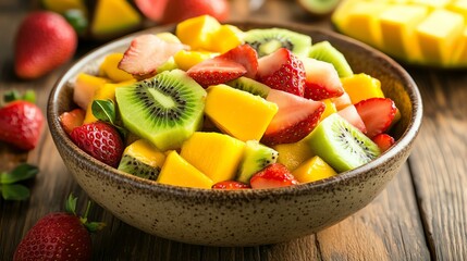 fruit salad in a bowl Colorful bowl of fresh fruit salad.