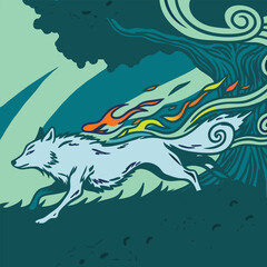 Mystical wolf silhouette designs in nature scenes with spiritual, emotional and tribal elements vector illustration
