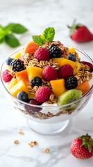 fruit salad in a bowl Colorful fruit parfait in a glass bowl.