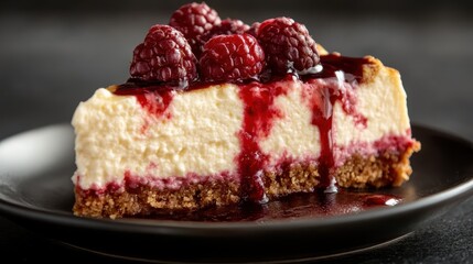 This mouthwatering slice of cheesecake, topped with fresh raspberries and sauce, showcases the perfect blend of creamy texture and fruity flavor, ideal for dessert lovers.