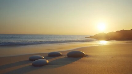 Golden hour serenity, Tranquil beach scene with smooth stones and gentle waves at sunset