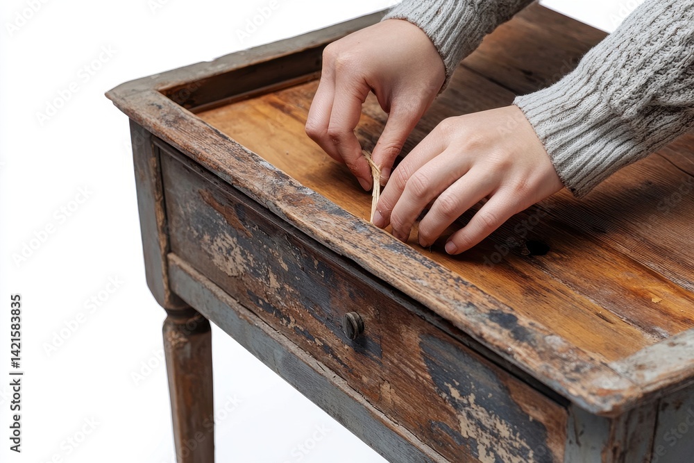 Aufkleber Woodworking project in a bright workshop with a person restoring a vintage wooden table using a small tool during daytime hours