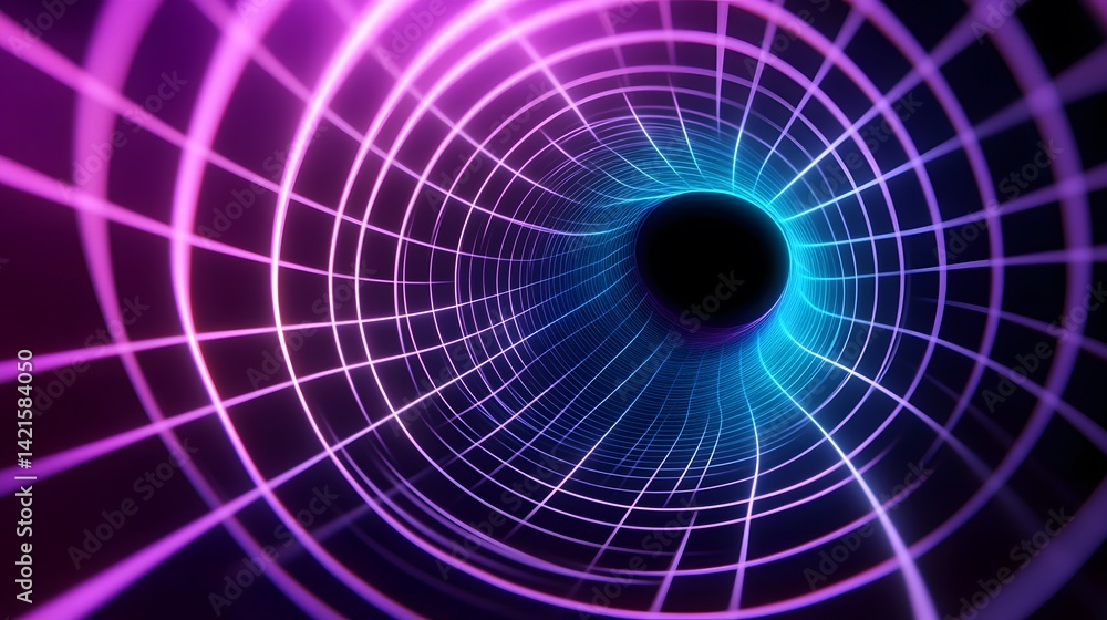 Poster abstract representation of a wormhole with glowing grid lines