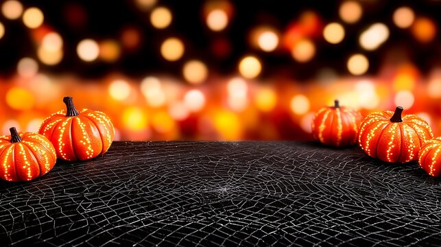 Pumpkins on a spiderweb. Festive lights shine. Autumn vibe for the fall season