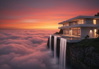 Modern cliffside residence with cascading waterfalls amidst a celestial skyscape