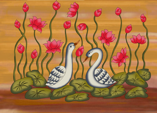 .A beautiful kalmkari design art work.birds on a branch.