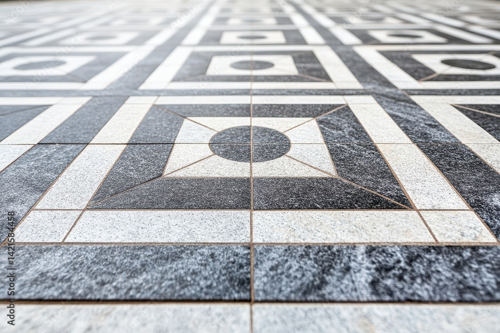 Poster elegant black and white tiled floor design featuring geometric patterns in a contemporary setting
