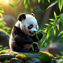 Obraz premium panda eating bamboo