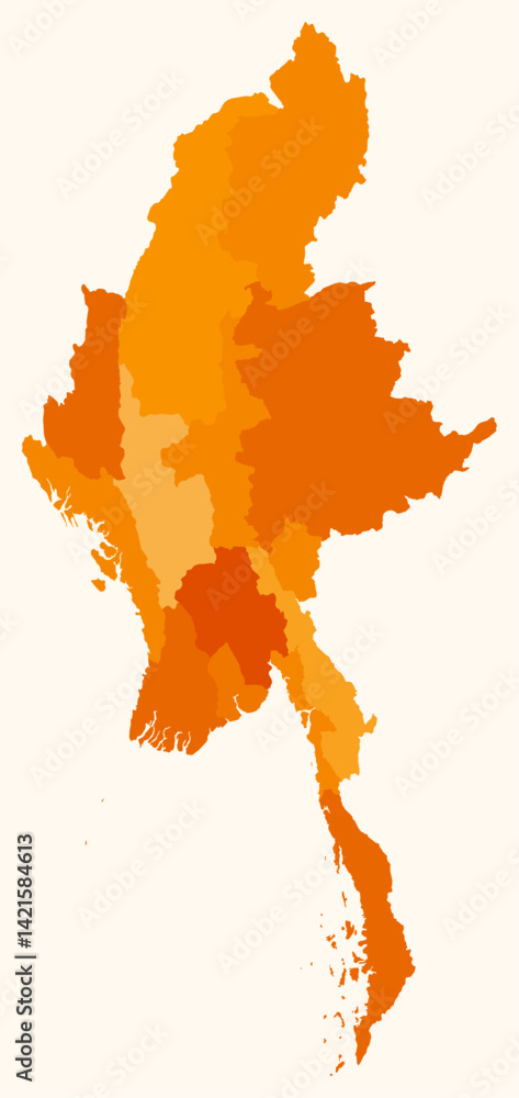 Poster map of myanmar with regions. just a simple country border map with region division. orange color pal
